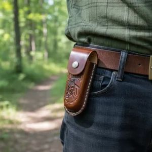 Bainha Para Canivete Em Couro Invernizado Marrom Claro